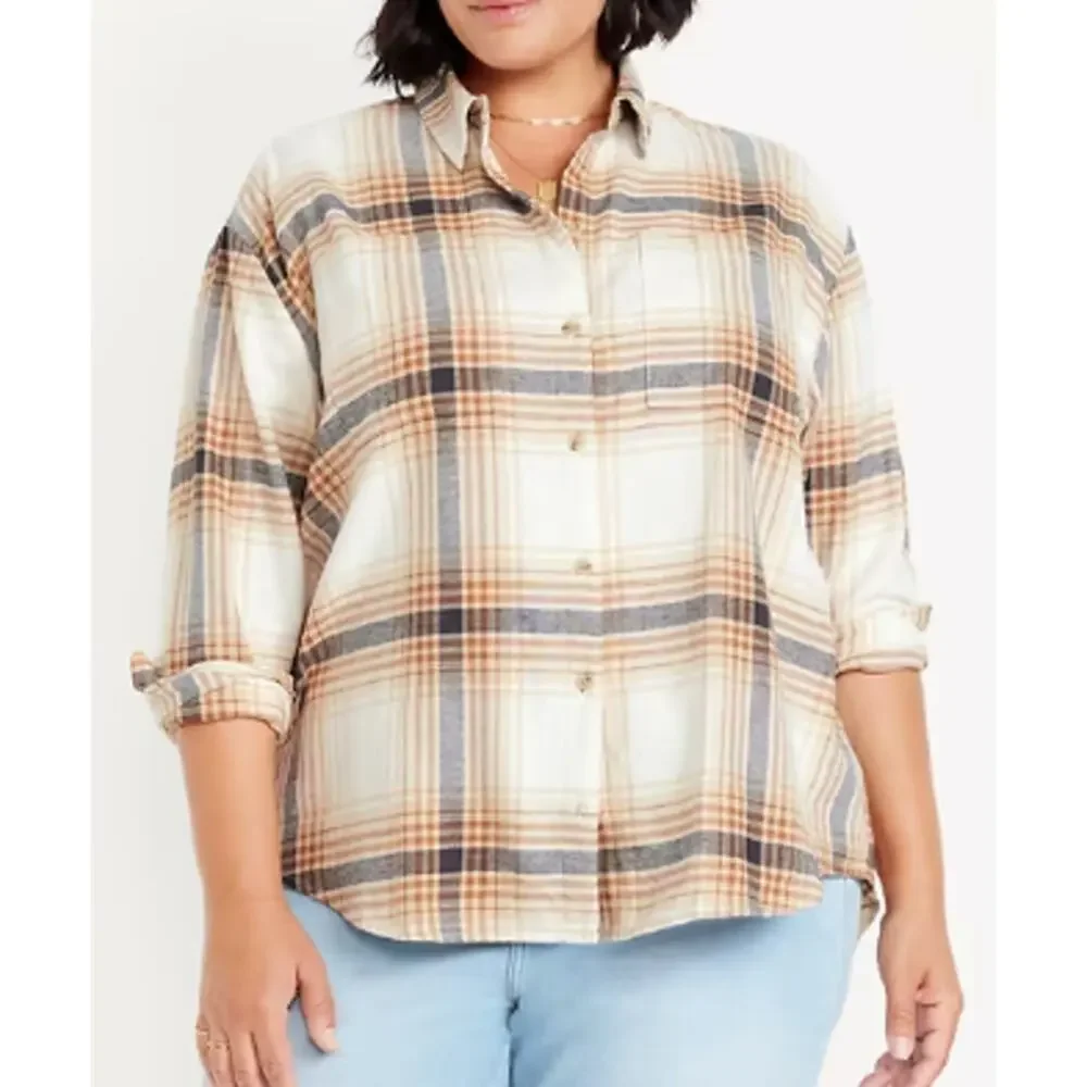 Old Navy Cream Plaid Flannel Boyfriend Button Down Shirt Top NEW XL Womens Warm - Picture 9 of 9